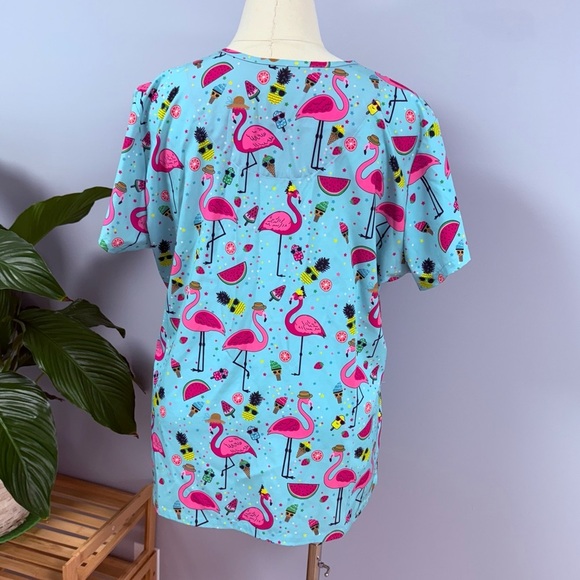 Ava Therese Scrub Top Plus 2X Turquoise Flamingo & Pineapple Print Scrubs Nurse - Picture 2 of 5